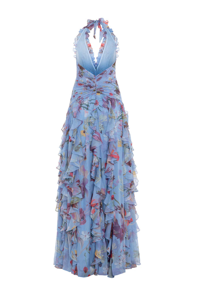 Stylish blue dress | Floral Halter Ruffle Tulle Maxi Dress in Blue - Ideal for special occasions