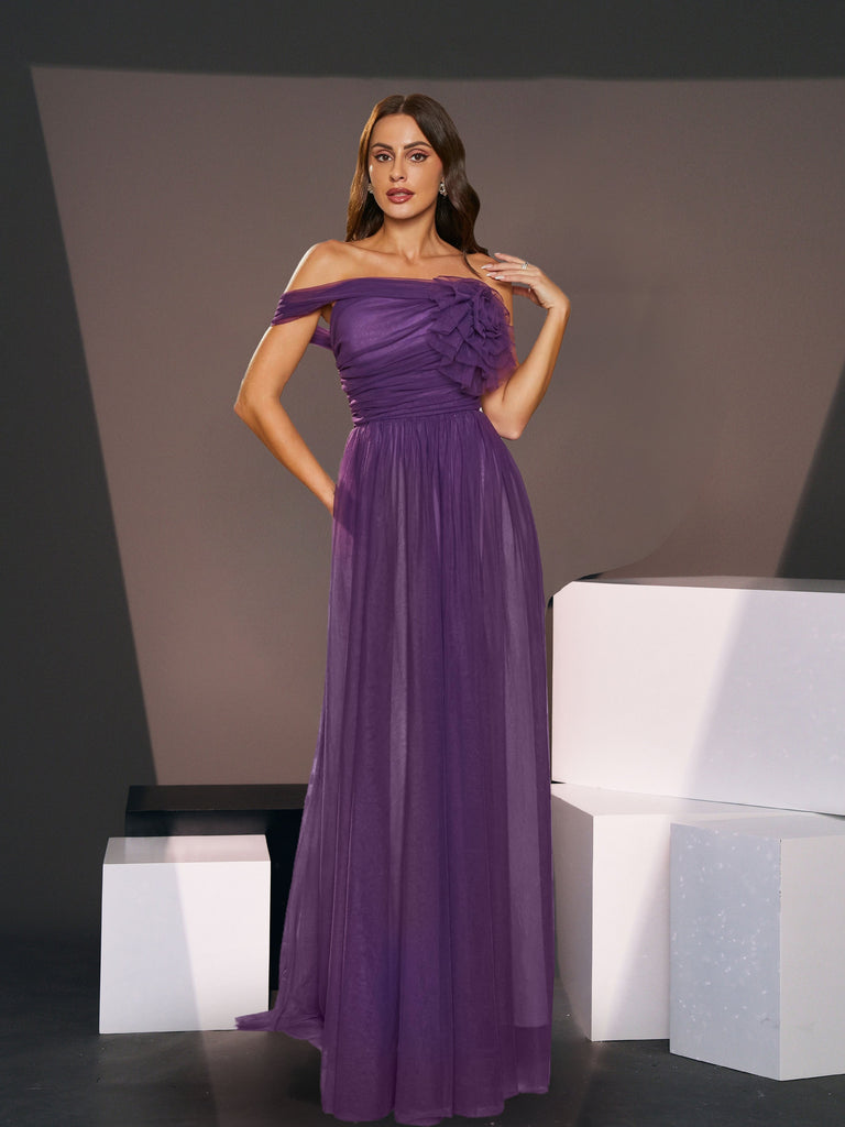 Stylish purple dress | Off Shoulder Pleated A-Line Purple Tulle Bridesmaid Dress - Ideal for special occasions