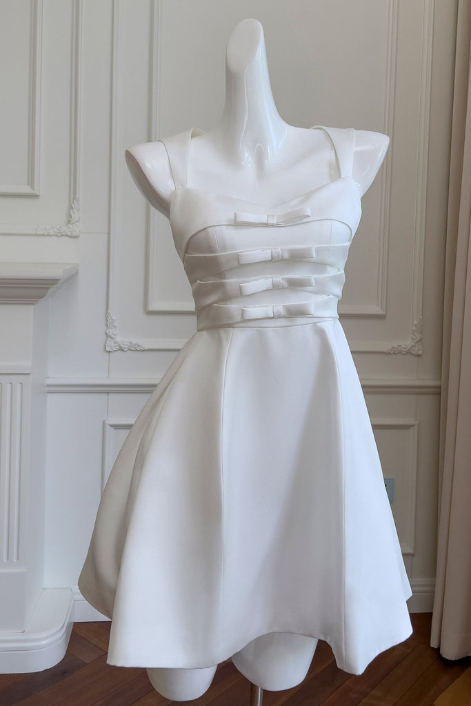 Shop  white dress - Perfect for special occasions | salome BOW SATIN MINI DRESS IN WHITE