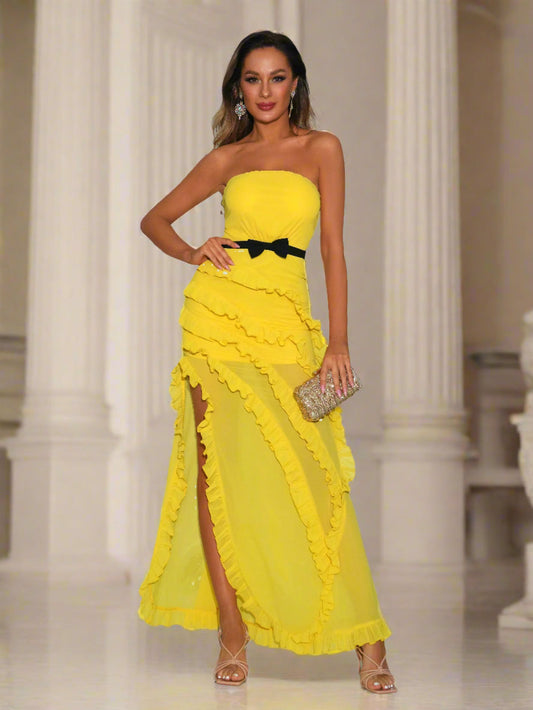 Tube Top Ruffled Hem Split Dress
