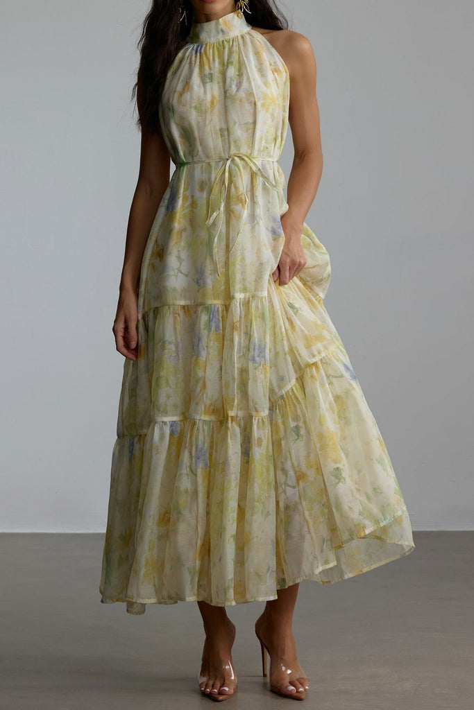 caroline Floral Print Sleeveless Maxi Dress in yellow - Stylish yellow dress for special occasions | Buy Online