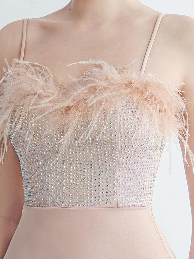 Formal beautiful dress | Feather Spaghetti Rhinestone Formal Dress - Ideal for formal