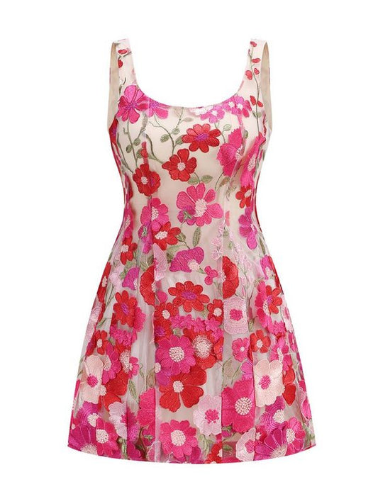 FLORAL embroidery MINI DRESS in rose red