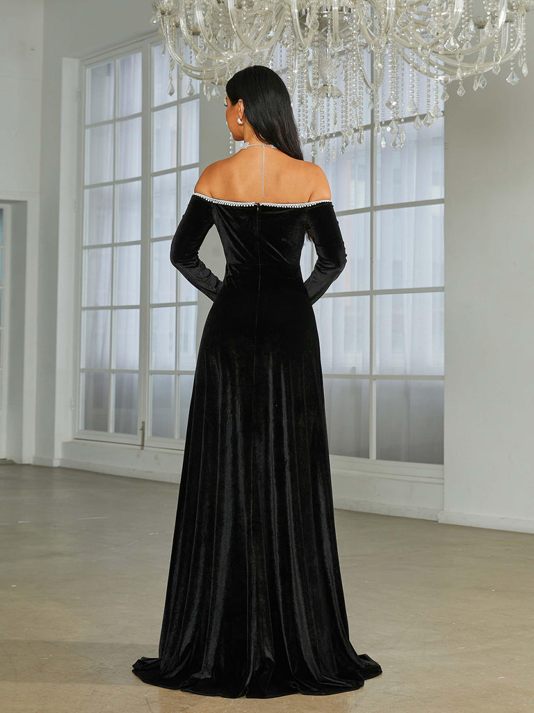 Off Shoulder Split Black Velvet Evening Dress - Stylish black dress for special occasions | Buy Online