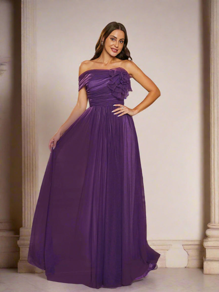 Shop  purple dress - Perfect for special occasions | Off Shoulder Pleated A-Line Purple Tulle Bridesmaid Dress