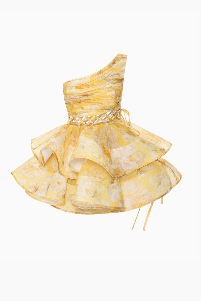 Stylish yellow dress | GAIL YELLOW FLORAL PRINTED ONE-SHOULDER MINI CHIFFON DRESS - Ideal for special occasions