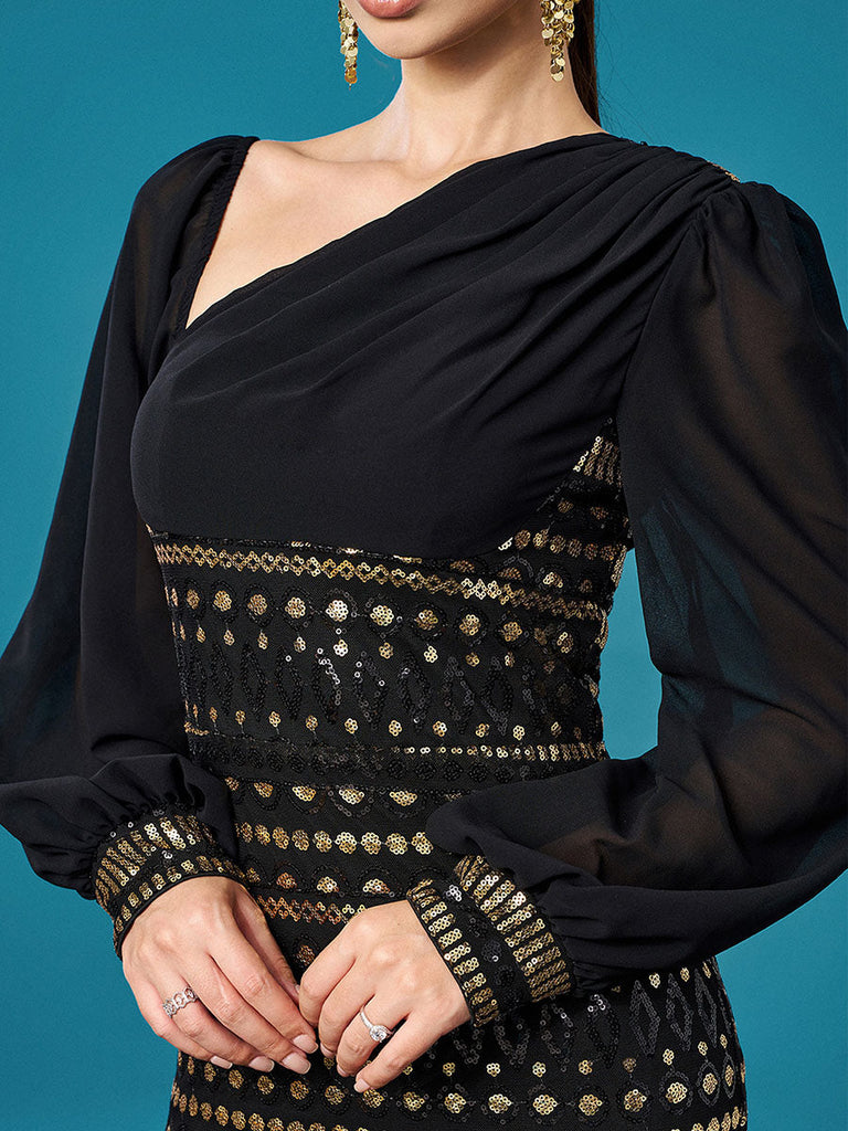 Shop  black dress - Perfect for special occasions | Black Long Sleeve Cutout Sheath Sequin Dress