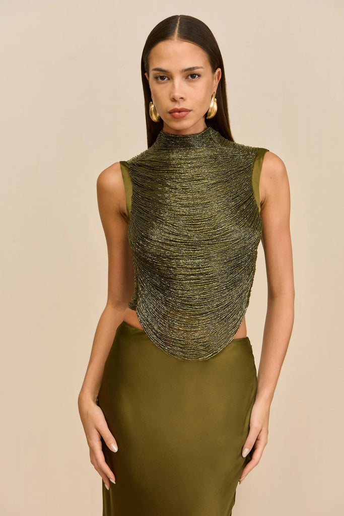 Shop  green dress - Perfect for special occasions | cecilia Sleeveless Turtleneck Tassel Paneled Top and Satin Skirt Set in green