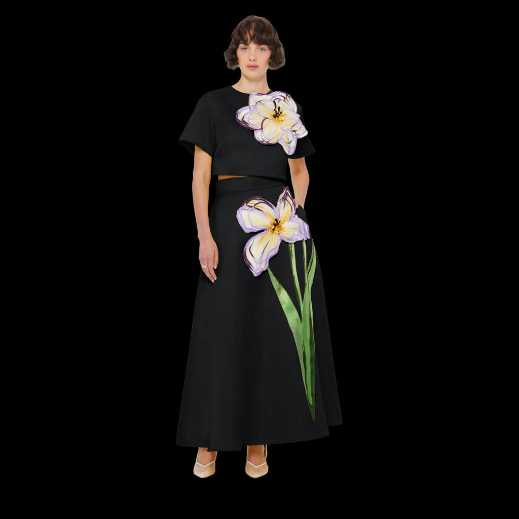 Indie Appliqué Sleeve Iris Print set in black - Stylish black dress for special occasions | Buy Online