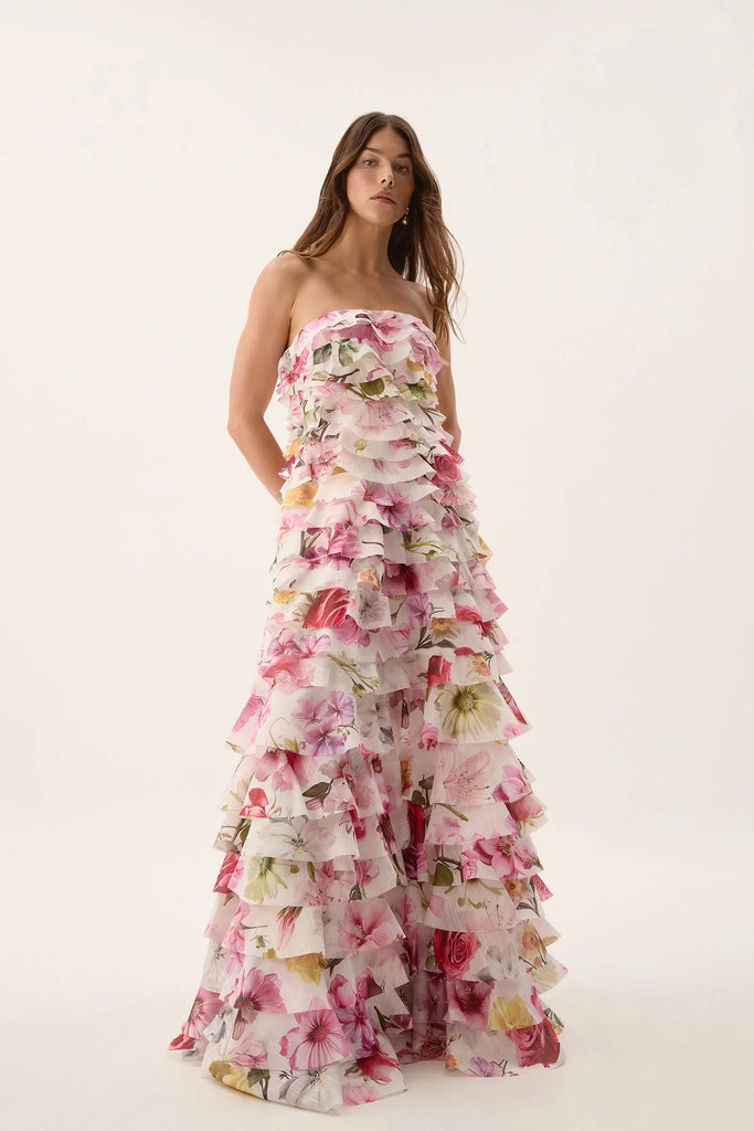 Stylish pink dress | cathy floral print Pleated layer strapless maxi dress in pink - Ideal for special occasions