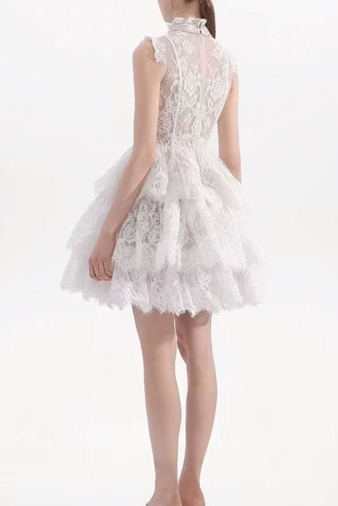 Sleeveless Stand Collar Lace Tutu mini dress in white - Stylish white dress for special occasions | Buy Online