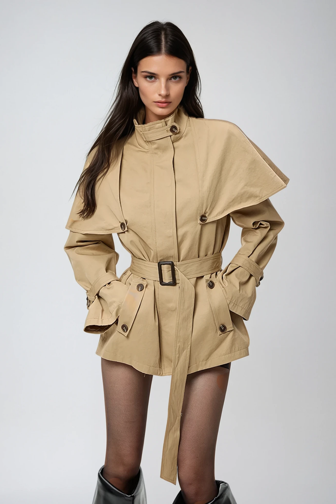 Davide Shawl Trench Coat In Khaki - Stylish beautiful dress for special occasions | Buy Online