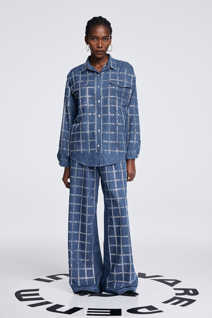 Stylish blue dress | Aodh Rhinestone Grid Denim Shirt Pants Set In Blue - Ideal for special occasions