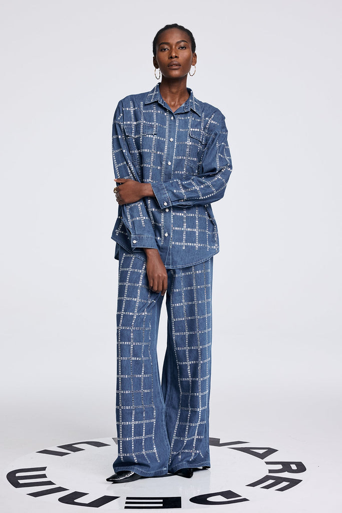 Aodh Rhinestone Grid Denim Shirt Pants Set In Blue - Stylish blue dress for special occasions | Buy Online