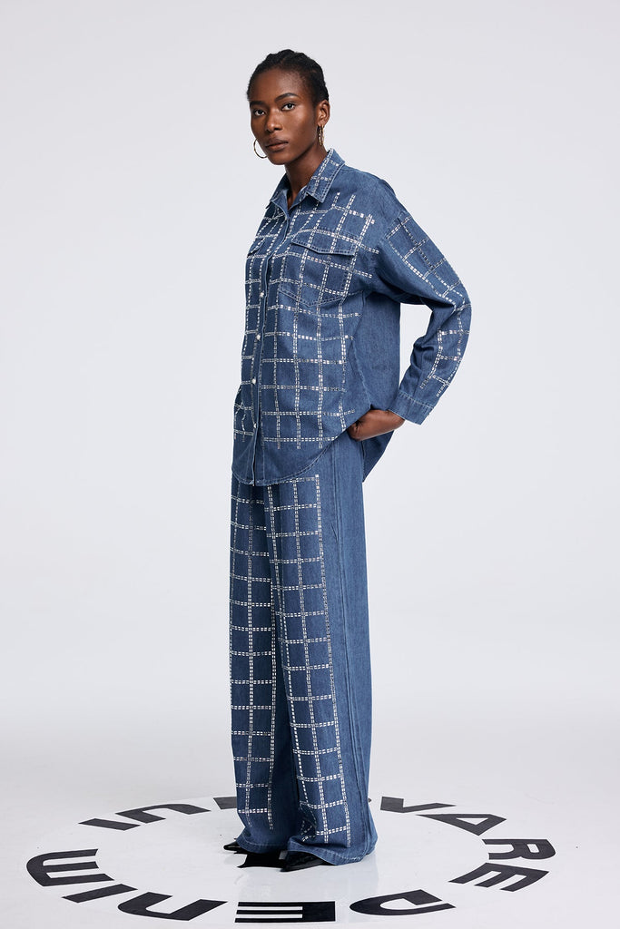 Shop  blue dress - Perfect for special occasions | Aodh Rhinestone Grid Denim Shirt Pants Set In Blue