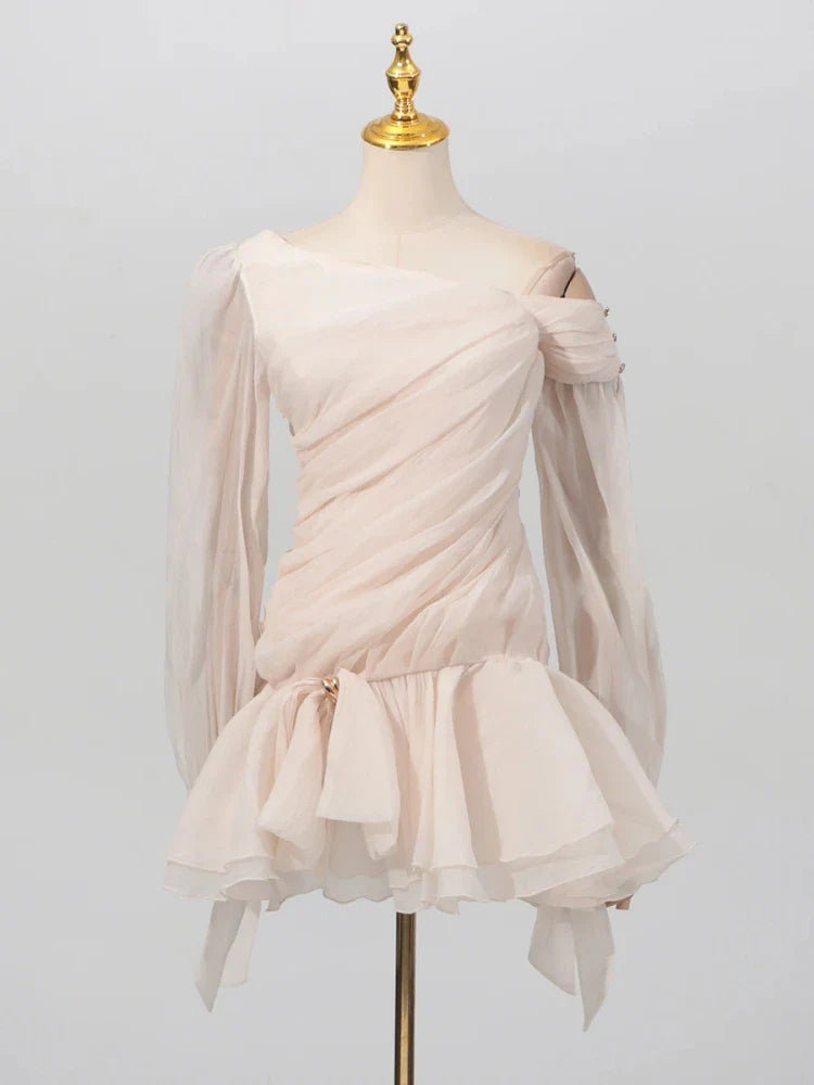 Apricot Ruffle Diagonal Long Sleeve Mini Dress - Stylish beautiful dress for special occasions | Buy Online