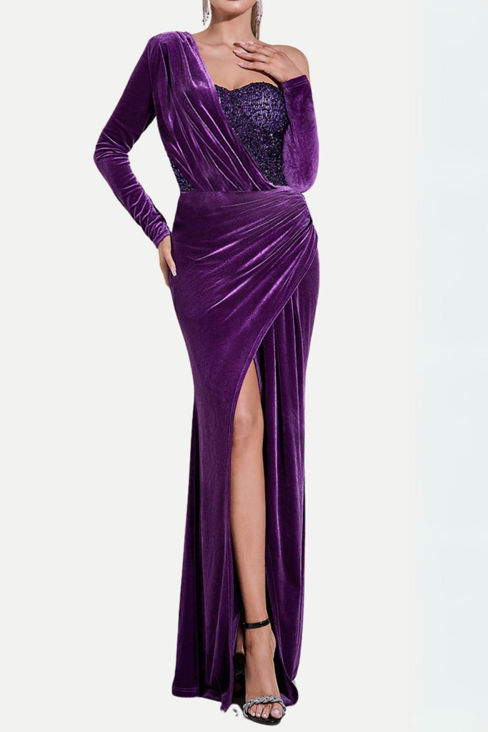 Shop  purple dress - Perfect for special occasions | one shoulder sequin-embellished velvet maxi dress in purple