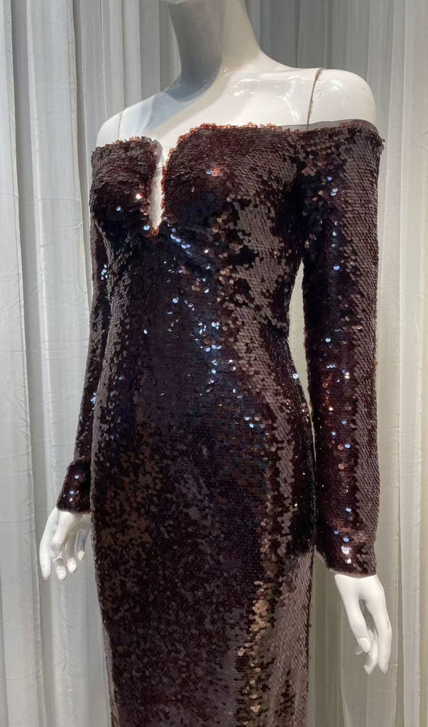 long sleeve sequin maxi dress in brown - Stylish brown dress for special occasions | Buy Online