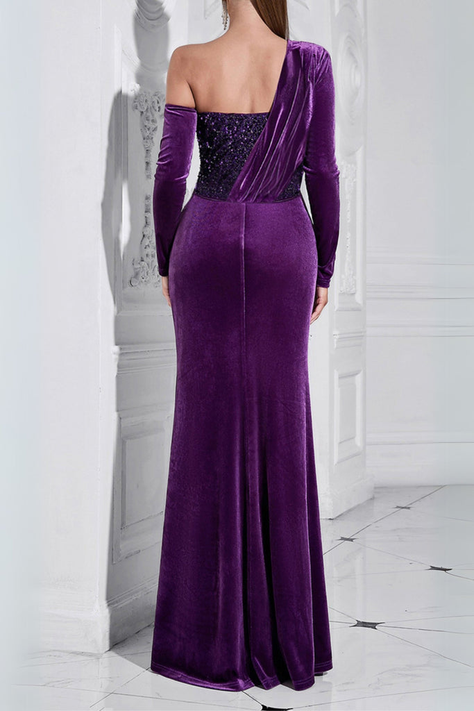 Shop  purple dress - Perfect for special occasions | one shoulder sequin-embellished velvet maxi dress in purple