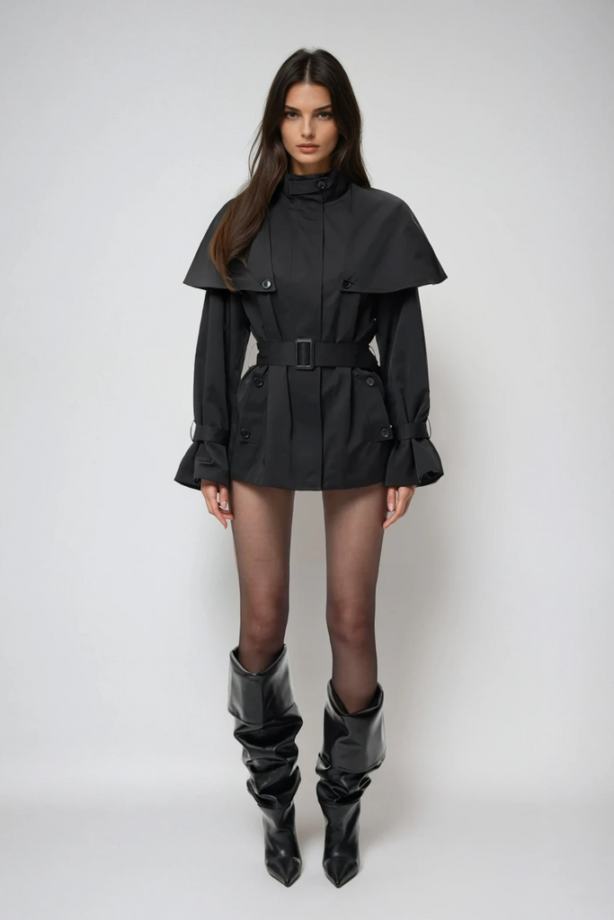 Stylish black dress | Davide Shawl Trench Coat In Black - Ideal for special occasions