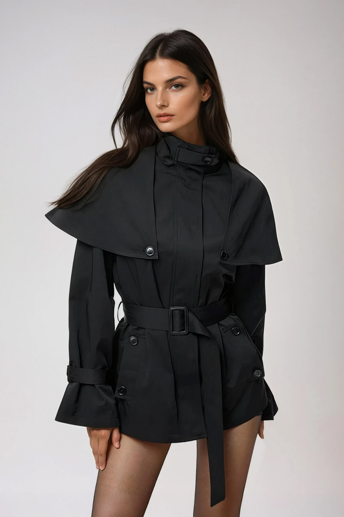 Davide Shawl Trench Coat In Black - Stylish black dress for special occasions | Buy Online