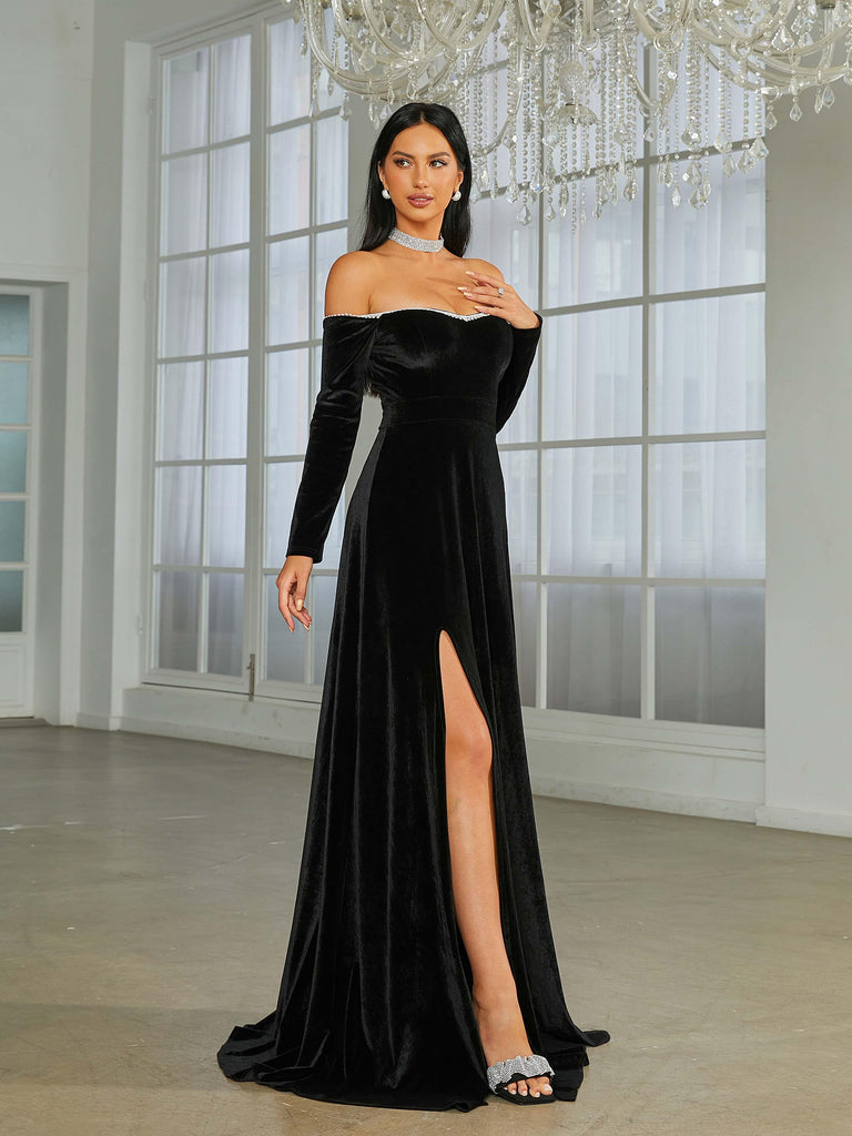 Shop  black dress - Perfect for special occasions | Off Shoulder Split Black Velvet Evening Dress