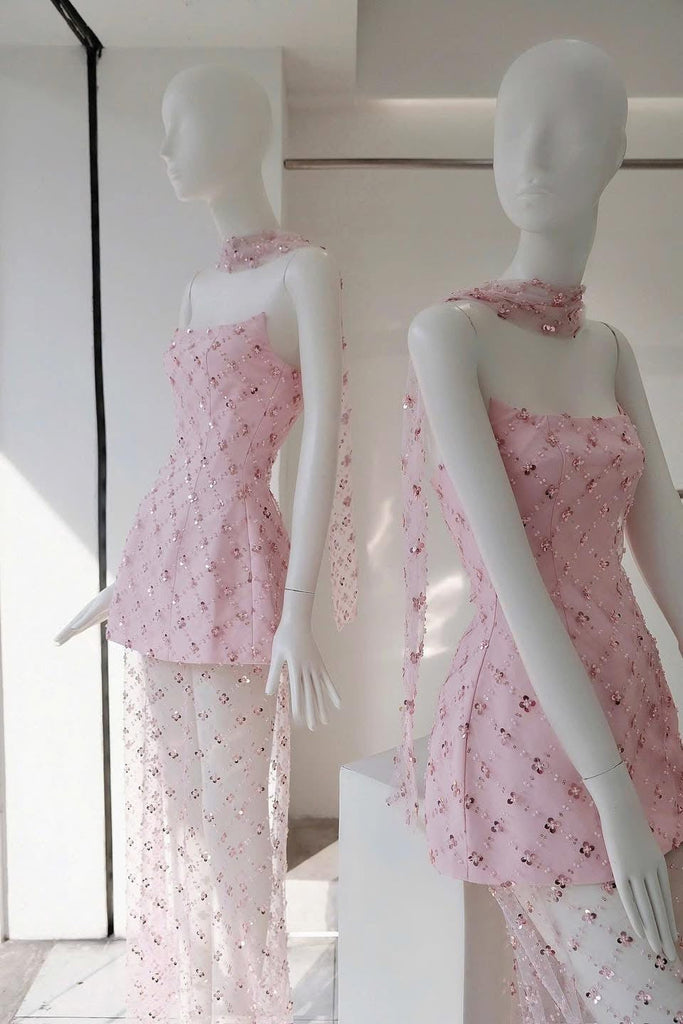 Stylish pink dress | alberta Strapless Sequins pearl mini dress in pink - Ideal for special occasions