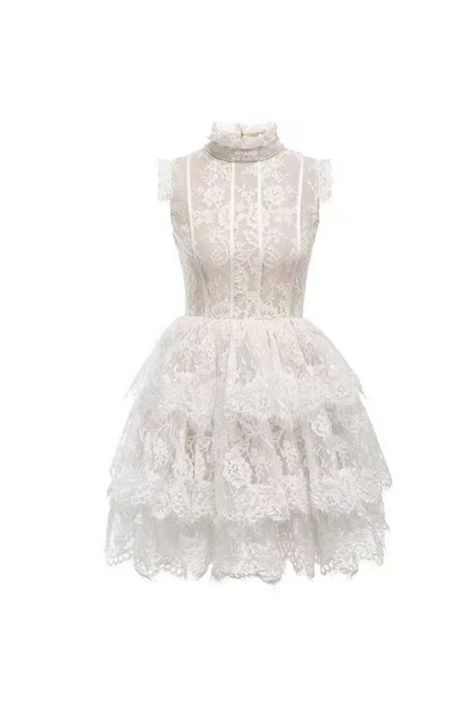 Stylish white dress | Sleeveless Stand Collar Lace Tutu mini dress in white - Ideal for special occasions