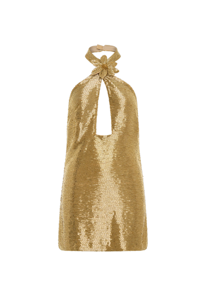 evelyn Beaded Halter Mini Dress in Gold - Stylish beautiful dress for special occasions | Buy Online