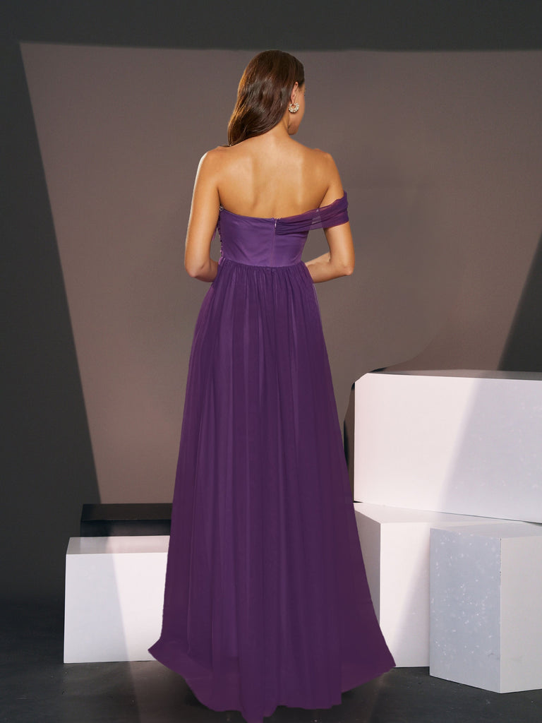 Off Shoulder Pleated A-Line Purple Tulle Bridesmaid Dress - Stylish purple dress for special occasions | Buy Online