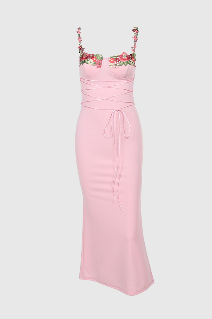 Raegan Bodycon Flower Embroidered Maxi Dress In Pink - Stylish red dress for special occasions | Buy Online