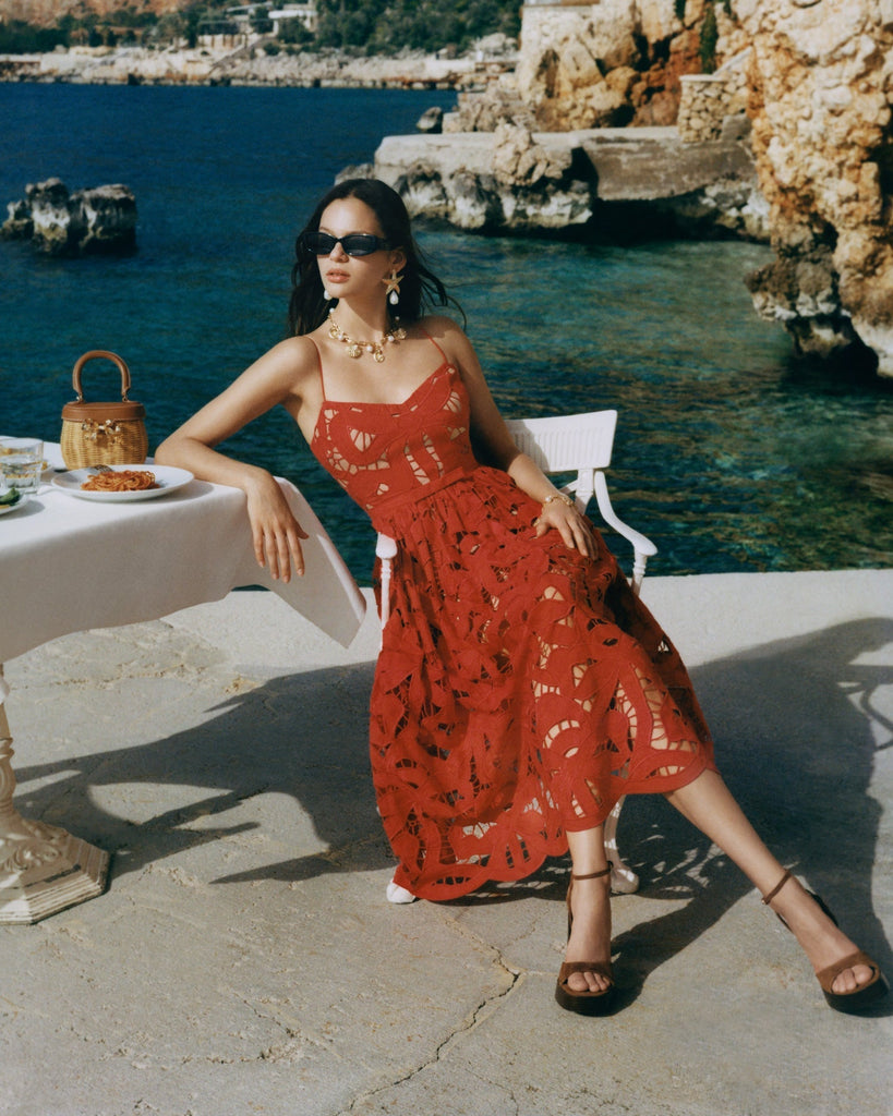 Stylish red dress | wendy Red Bow Embroidered Midi Dress - Ideal for special occasions