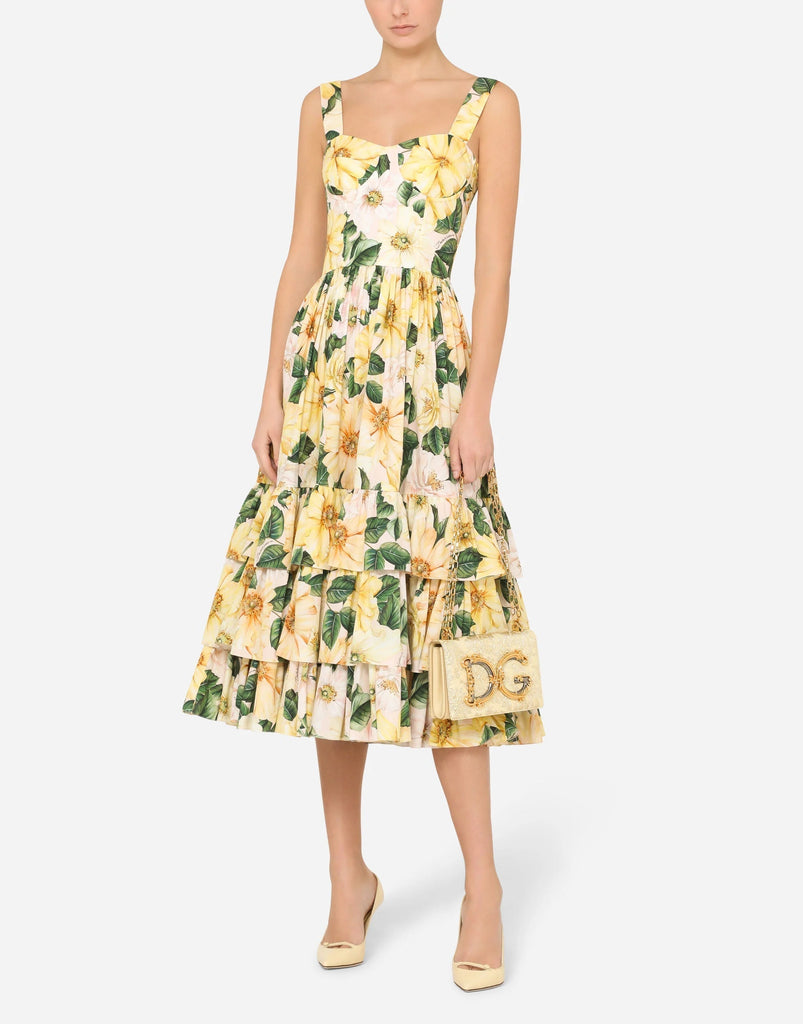 Camellia-print poplin midi dress in yellow - Stylish yellow dress for special occasions | Buy Online