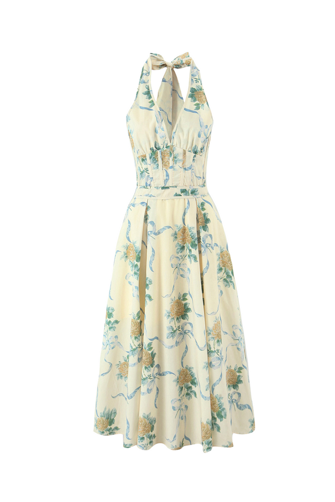 Stylish yellow dress | deirdre Floral Print Deep V Neck Midi Dress in yellow - Ideal for special occasions