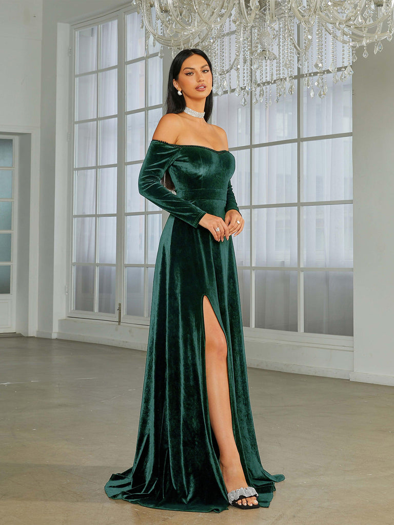 Shop  black dress - Perfect for special occasions | Off Shoulder Split Black Velvet Evening Dress