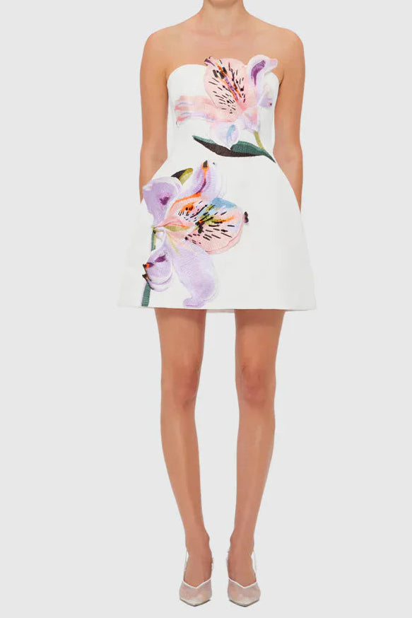 Stylish white dress | Rosario Appliqué Bustier Mini Dress in white - Ideal for special occasions