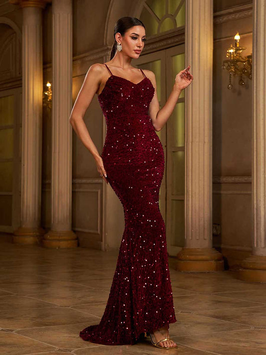 Spaghetti Backless Sequin Dress