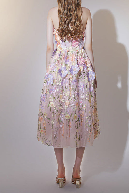 prima floral embroidery midi dress in pastel pink