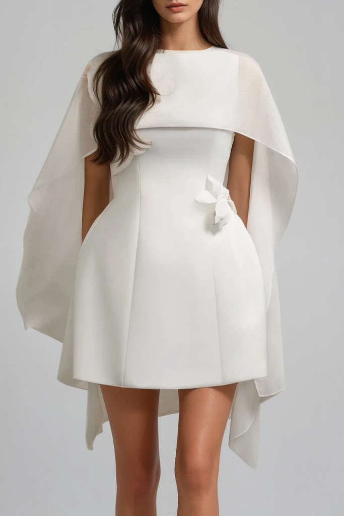 Davina Shawl Flower Mini Dress In White - Stylish white dress for special occasions | Buy Online