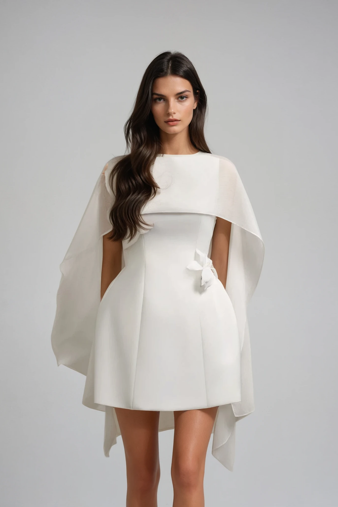 Davina Shawl Flower Mini Dress In White - Stylish white dress for special occasions | Buy Online