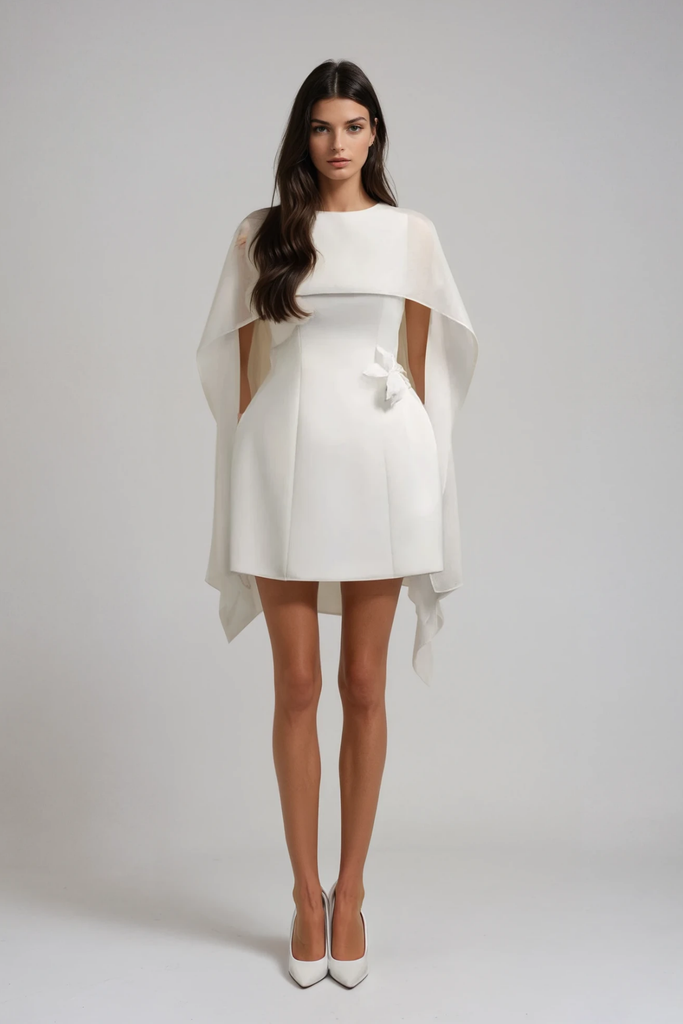Stylish white dress | Davina Shawl Flower Mini Dress In White - Ideal for special occasions