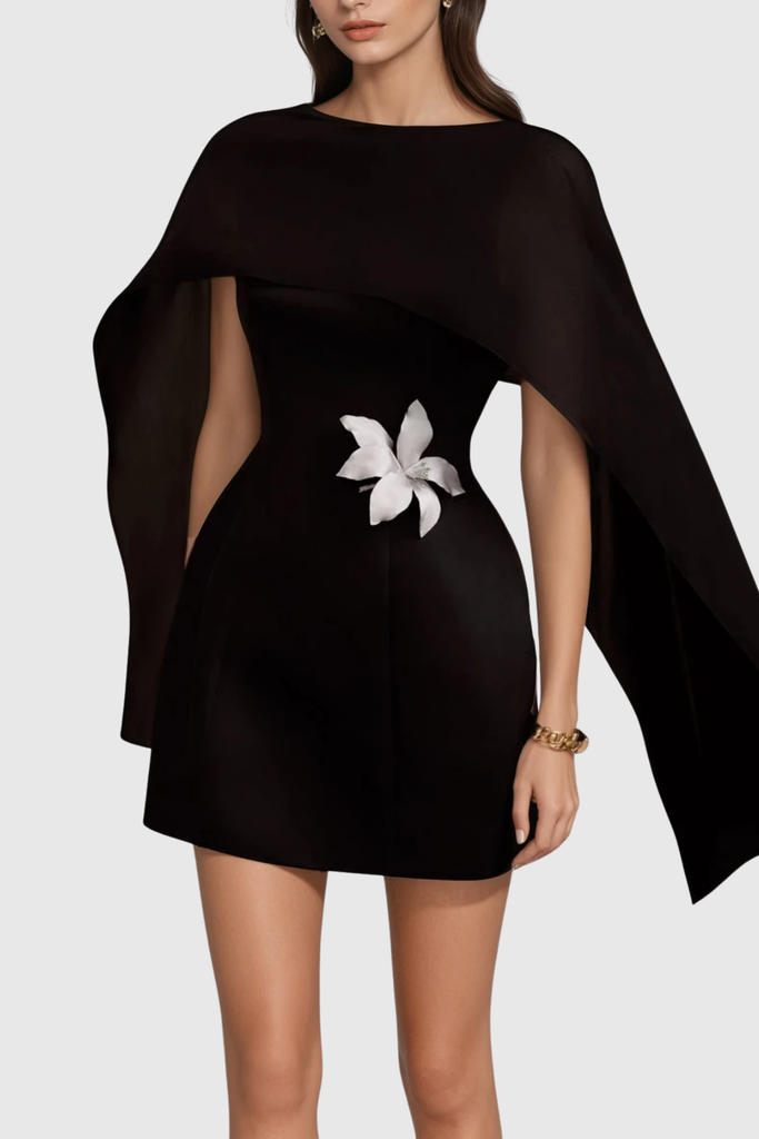 Davina Shawl Flower Mini Dress In Black - Stylish black dress for special occasions | Buy Online