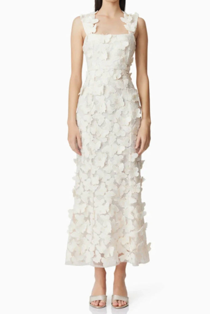 square neckline 3D flower embroidery Gown in White - Stylish white gown for special occasions | Buy Online