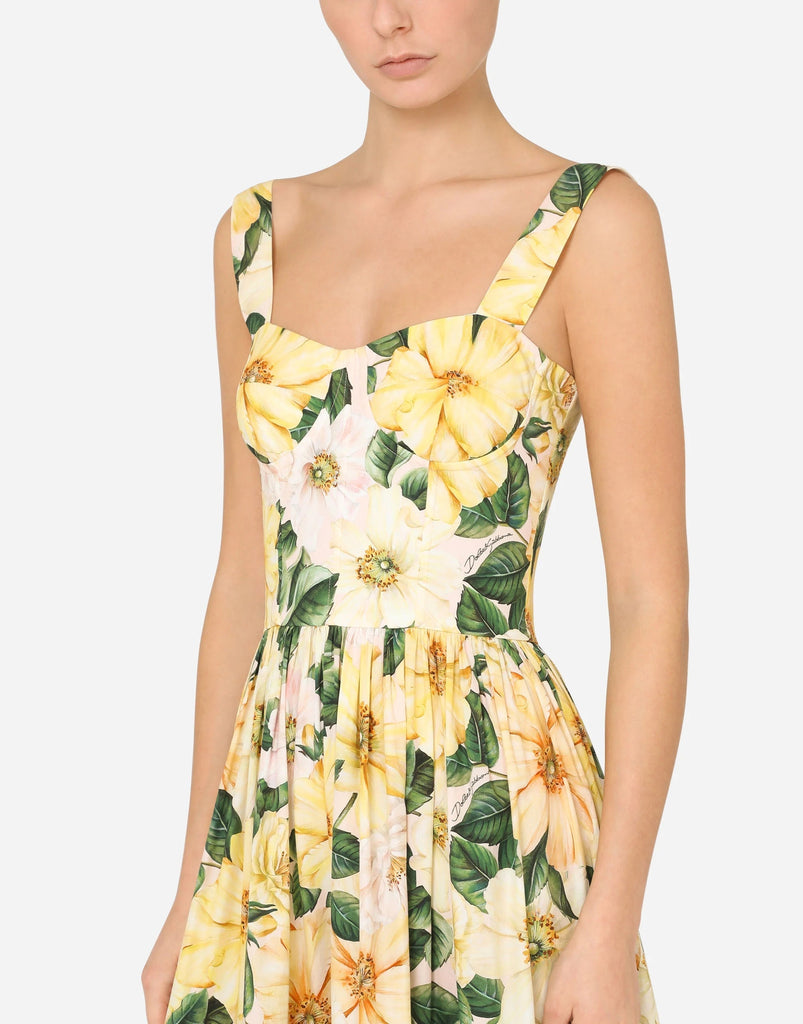 Stylish yellow dress | Camellia-print poplin midi dress in yellow - Ideal for special occasions