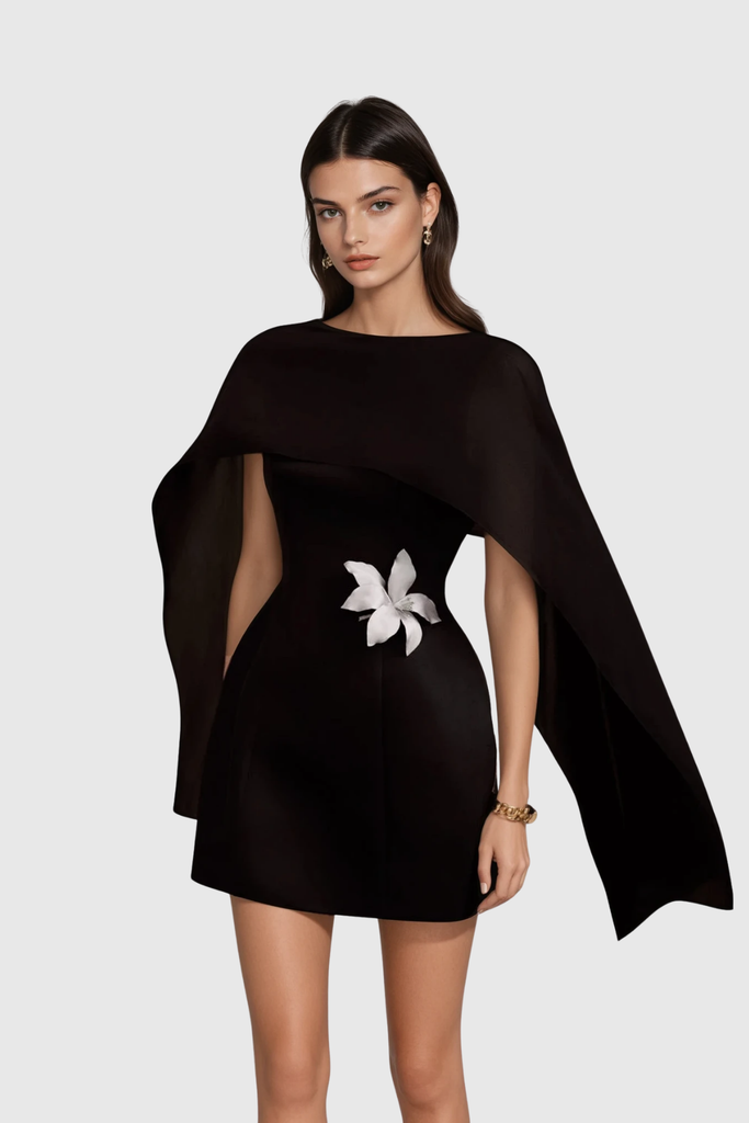 Stylish black dress | Davina Shawl Flower Mini Dress In Black - Ideal for special occasions