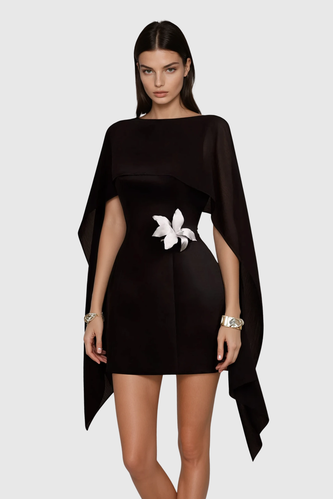 Davina Shawl Flower Mini Dress In Black - Stylish black dress for special occasions | Buy Online