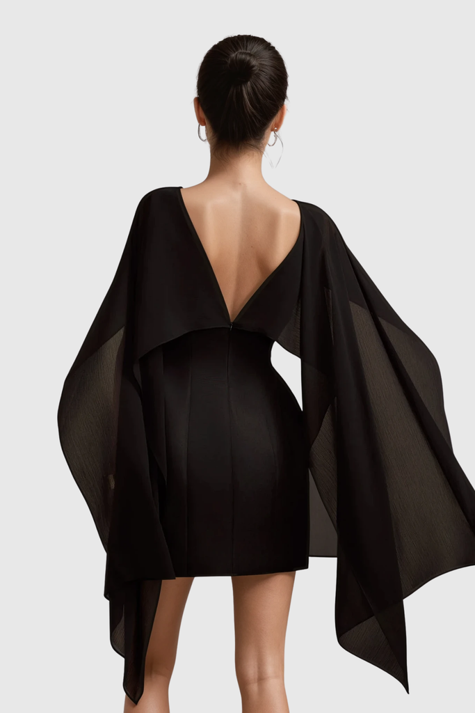 Stylish black dress | Davina Shawl Flower Mini Dress In Black - Ideal for special occasions