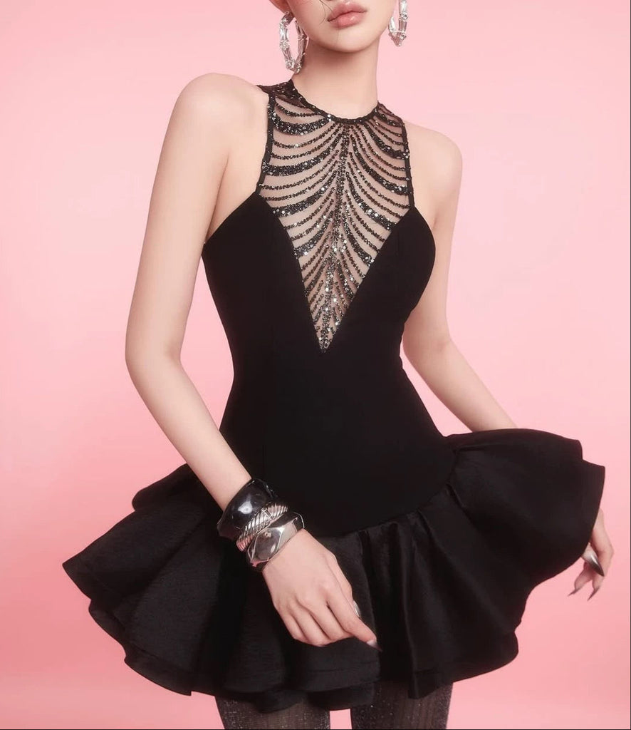 Stylish black dress | jessica sequin tulle ruched hem mini dress in black - Ideal for special occasions