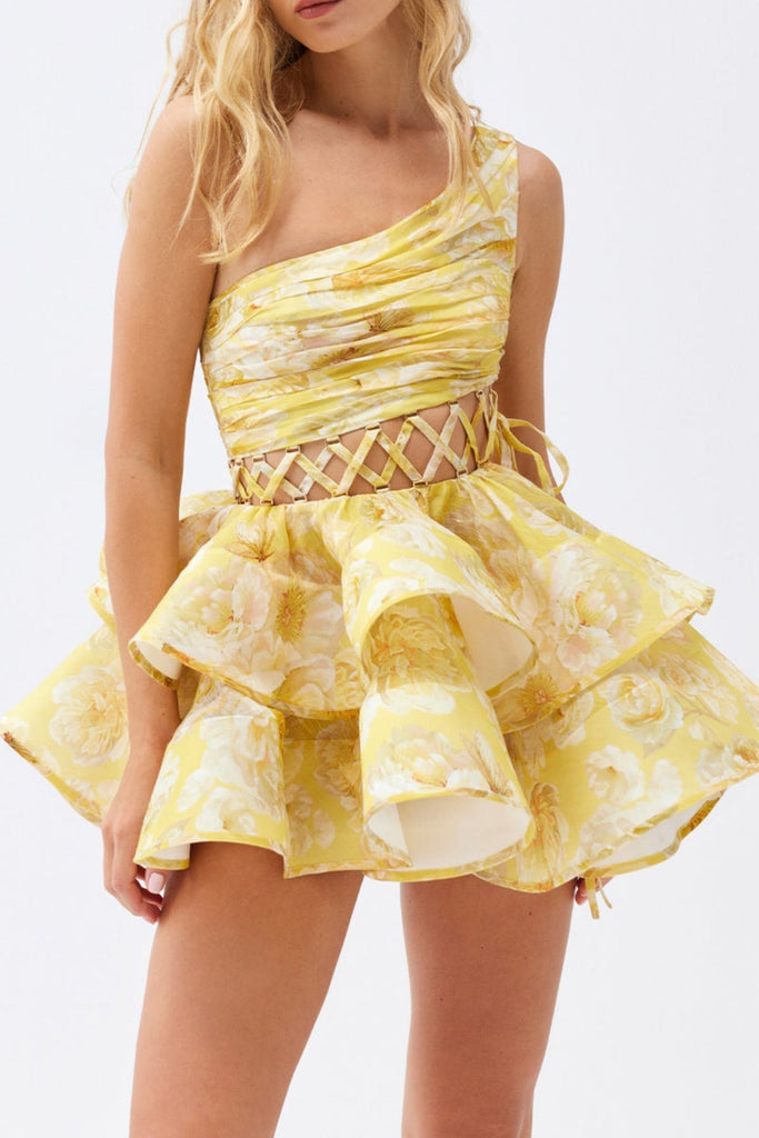 Stylish yellow dress | GAIL YELLOW FLORAL PRINTED ONE-SHOULDER MINI CHIFFON DRESS - Ideal for special occasions
