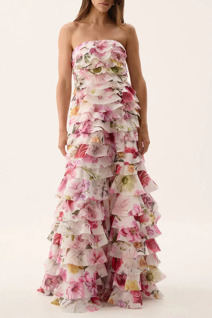 Stylish pink dress | cathy floral print Pleated layer strapless maxi dress in pink - Ideal for special occasions